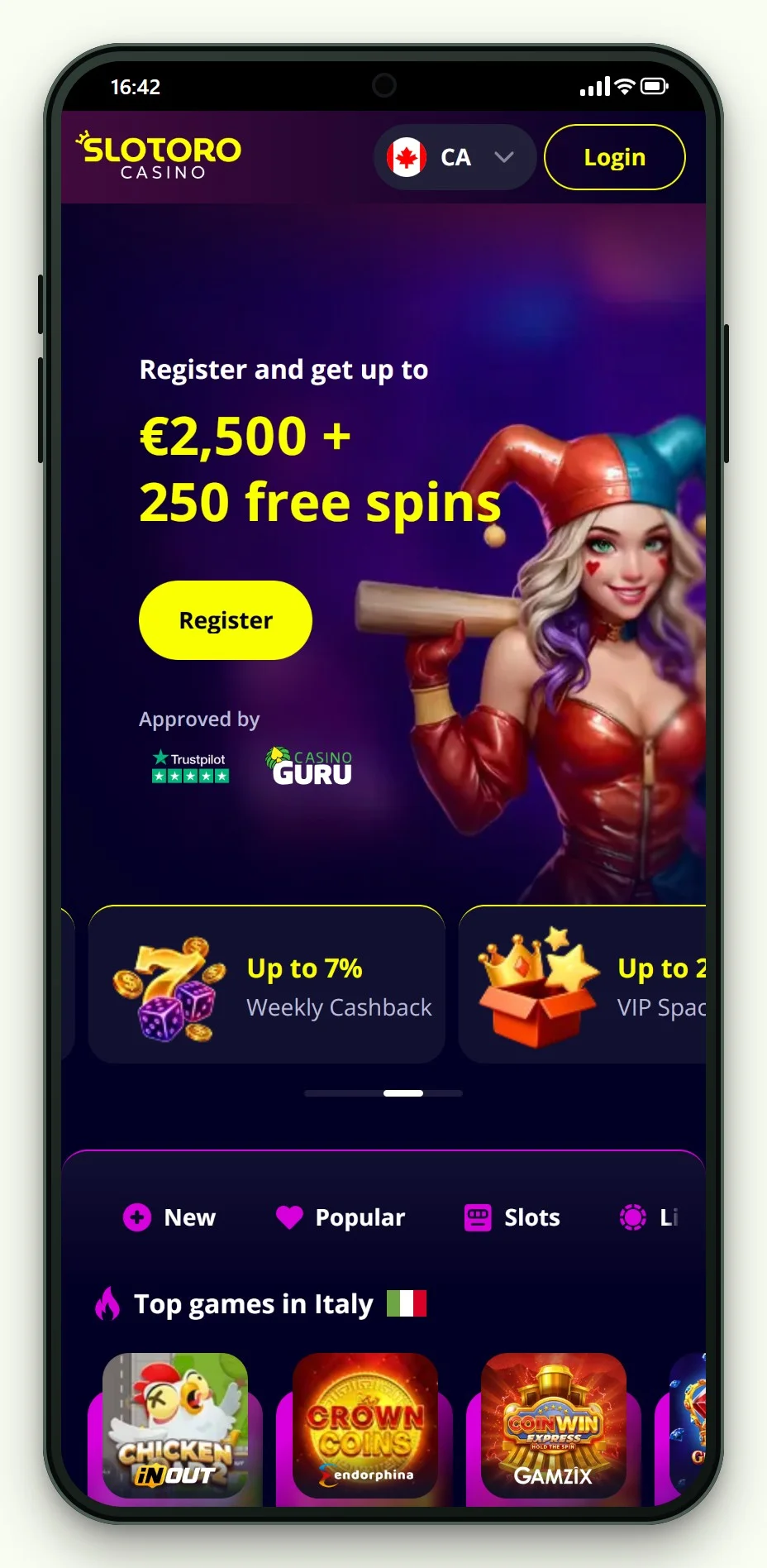 boku casino canada: Slotoro mobile lobby screen