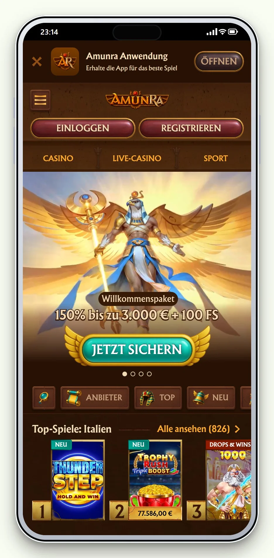 casinos mit boku: AmunRa Lobby auf dem Smartphone
