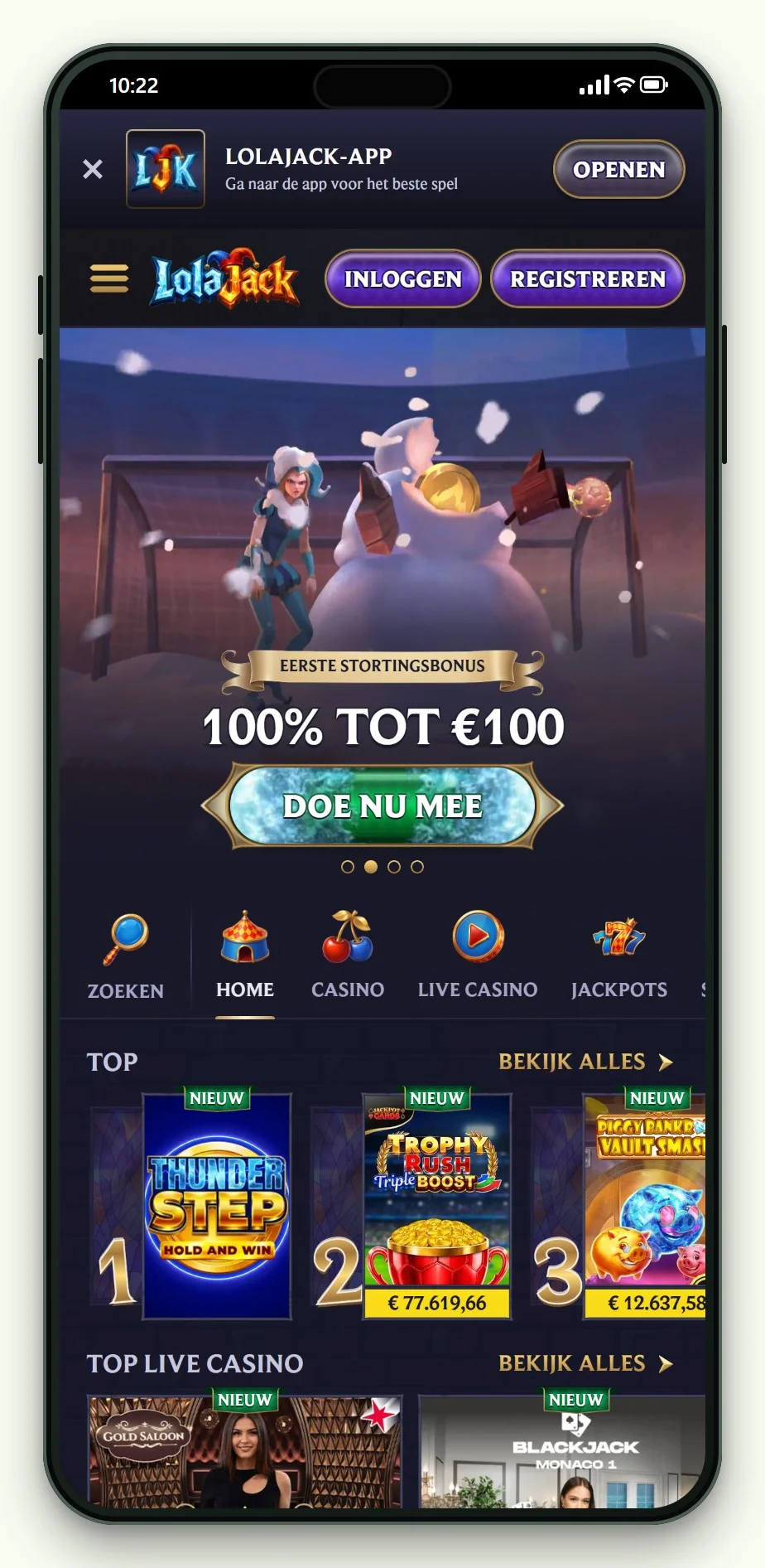 boku deposit casino: LolaJack lobby op mobiel