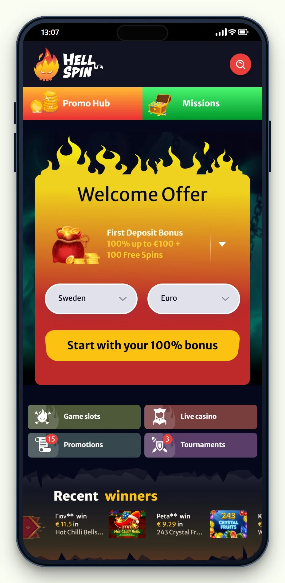 boku payment casino: HellSpin lobby i mobilen