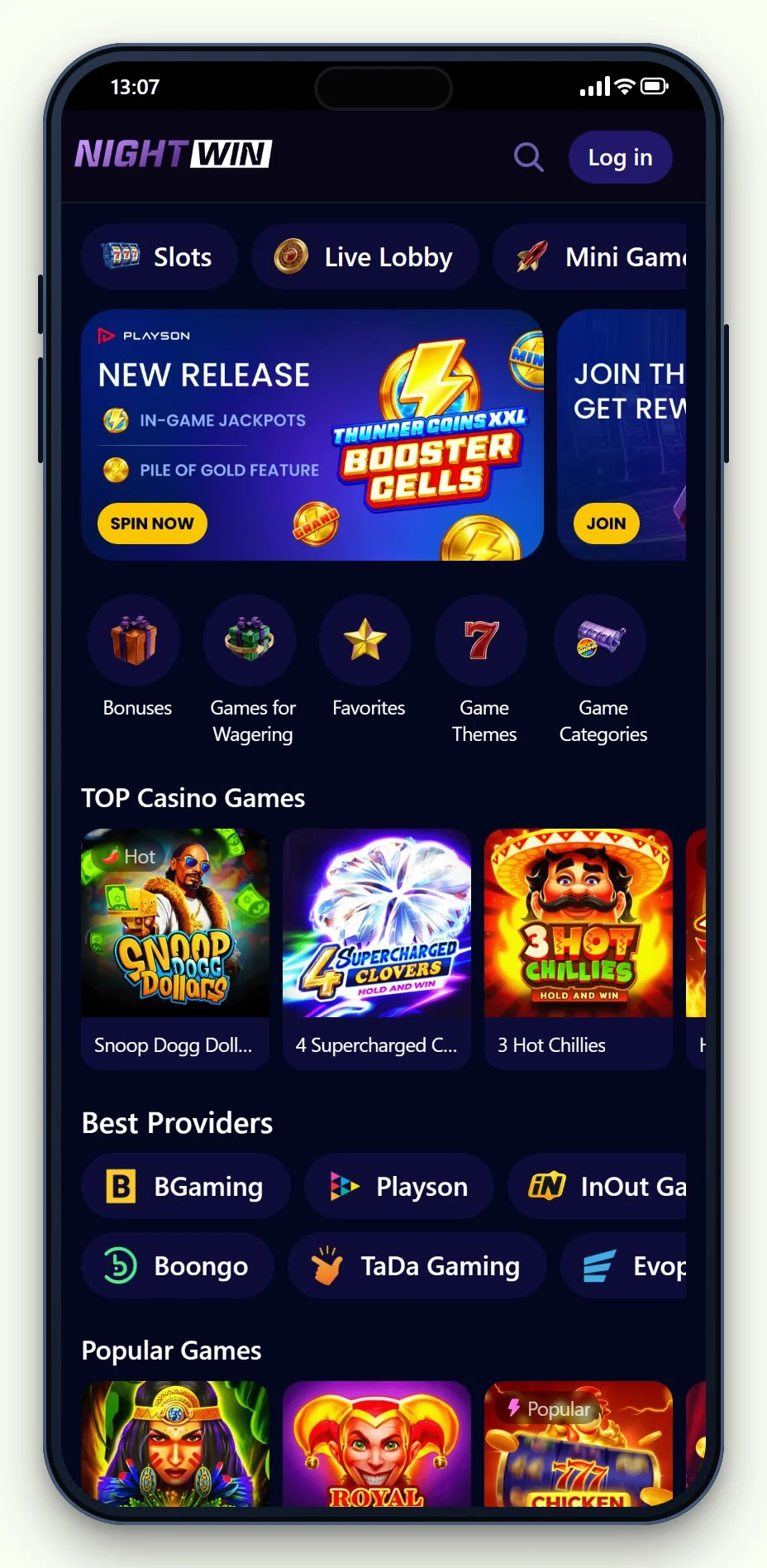 casino med boku: NightWin lobby i mobilen